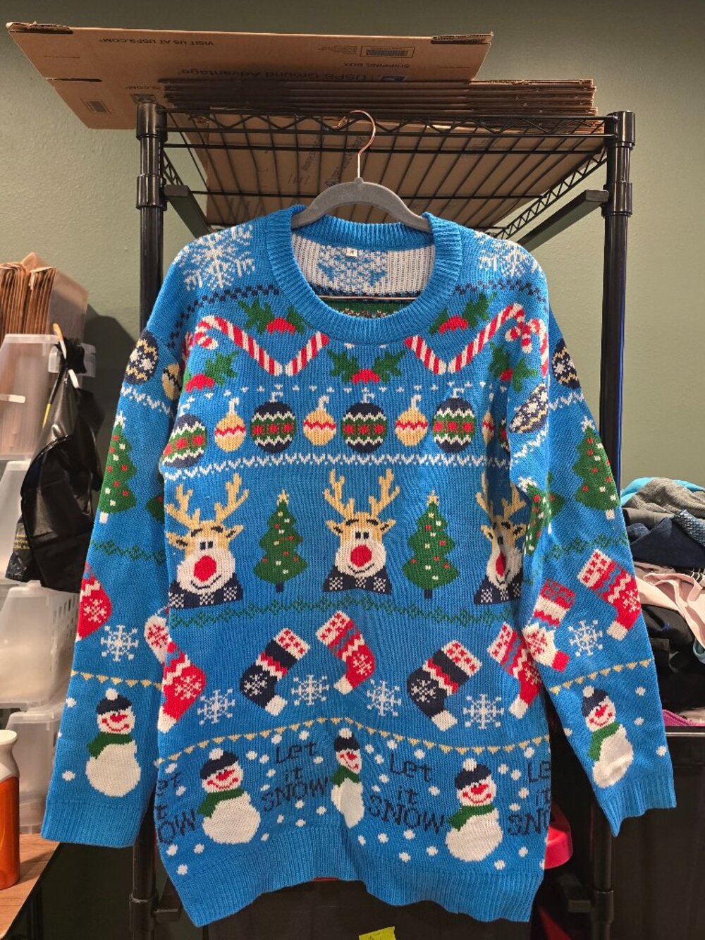 Med blue ugly Christmas sweater long let it snow snowman pattern
